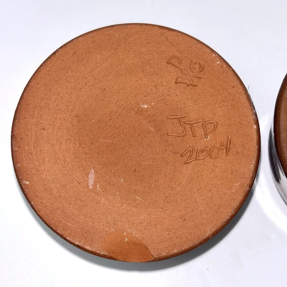 JTP 2004 Studio Pottery Redware Inkwells Pen Quill Holders Set of 2 Signed VTG